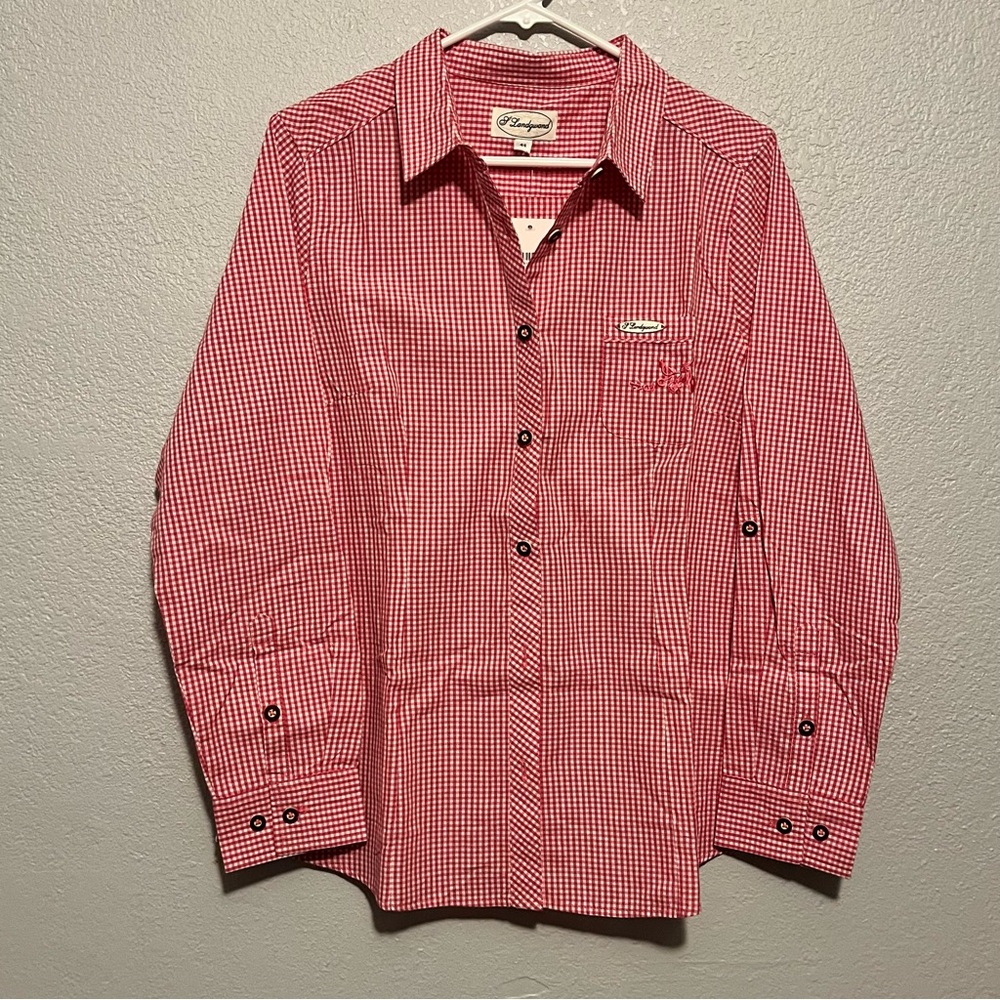 S' Landgwand Cotton Pink Gingham Button Up Long Sleeve Shirt W/embroidered Back